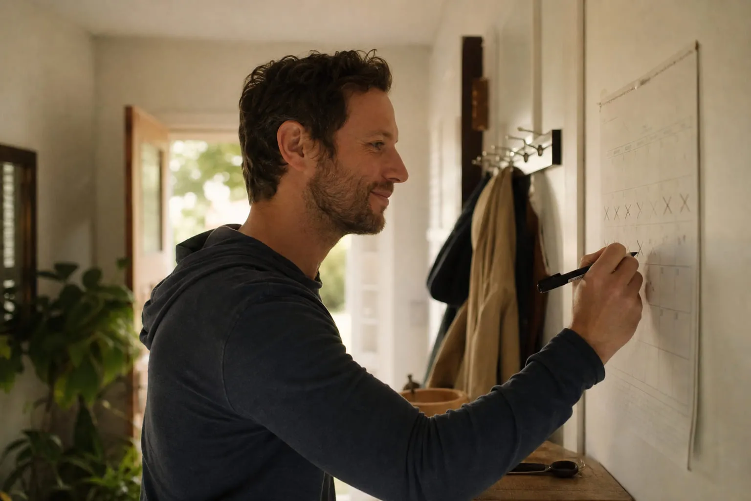 Homme cochant une case sur un calendrier mural, sourire discret