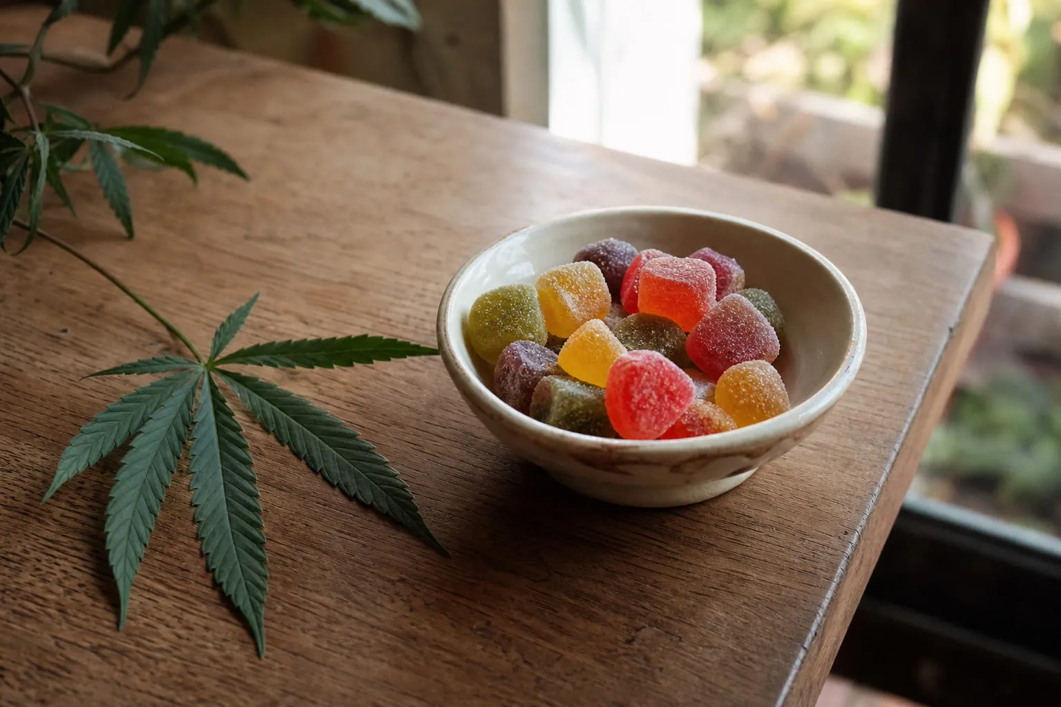 Des bonbons gélifiés dans une coupelle en céramique, feuilles de chanvre à côté
