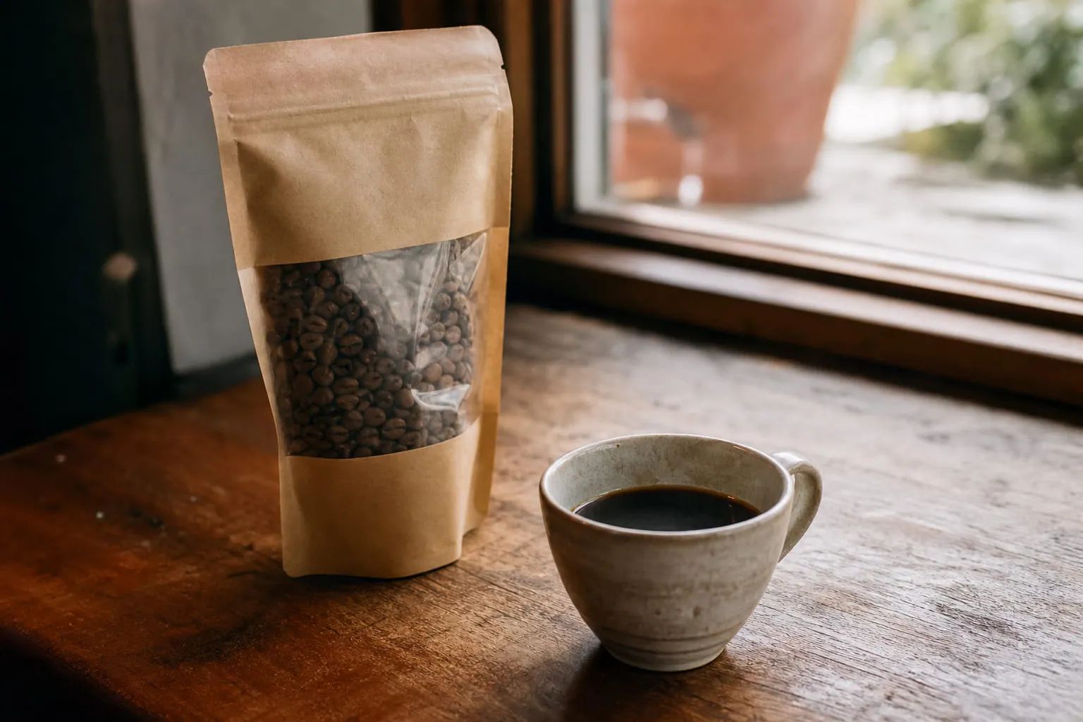 Une tasse de café filtre et un sachet de grains sur un comptoir en bois