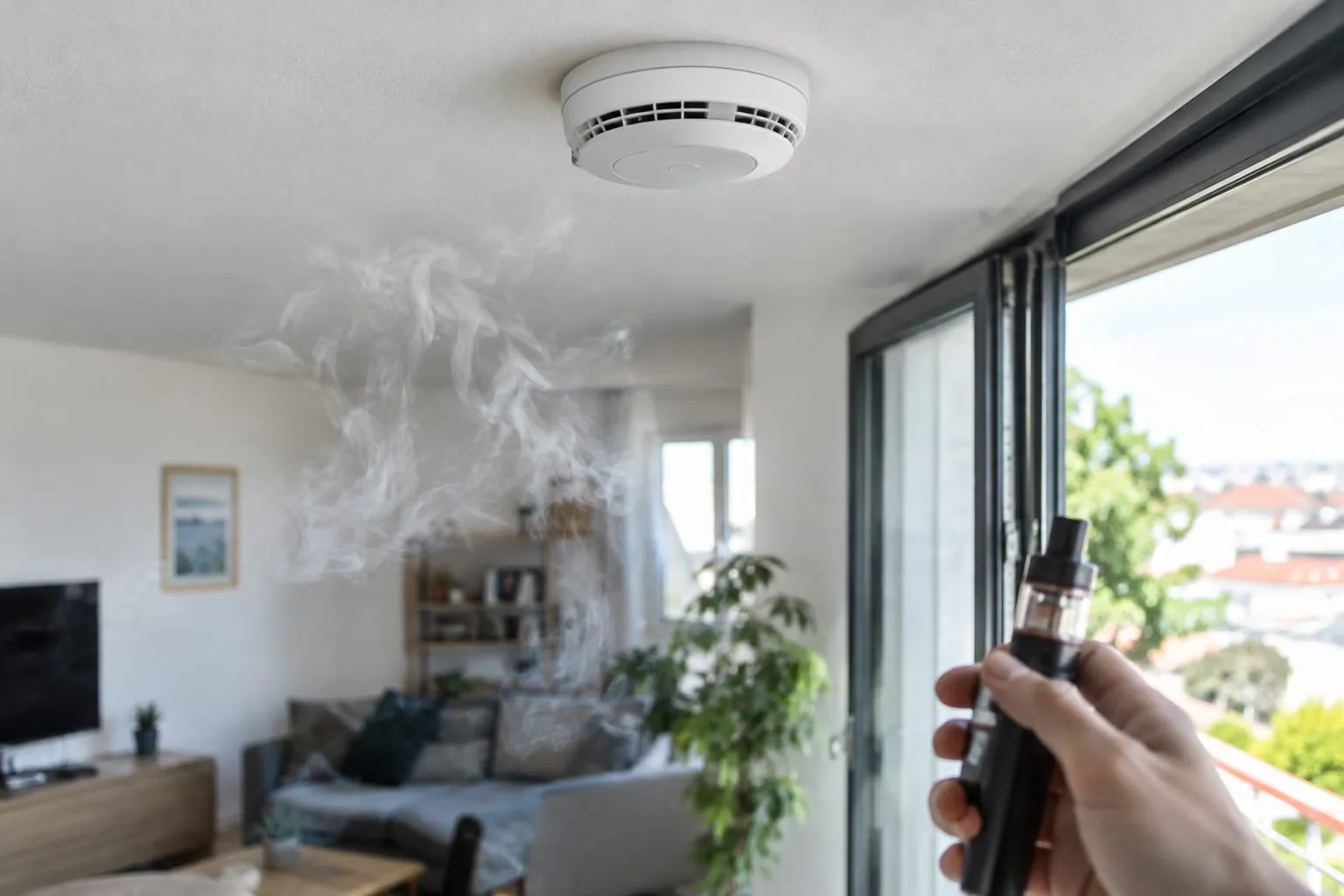 Détecteur de fumée au plafond d'un salon, nuage de vapeur en dessous et main tenant une cigarette électronique près d'une fenêtre ouverte