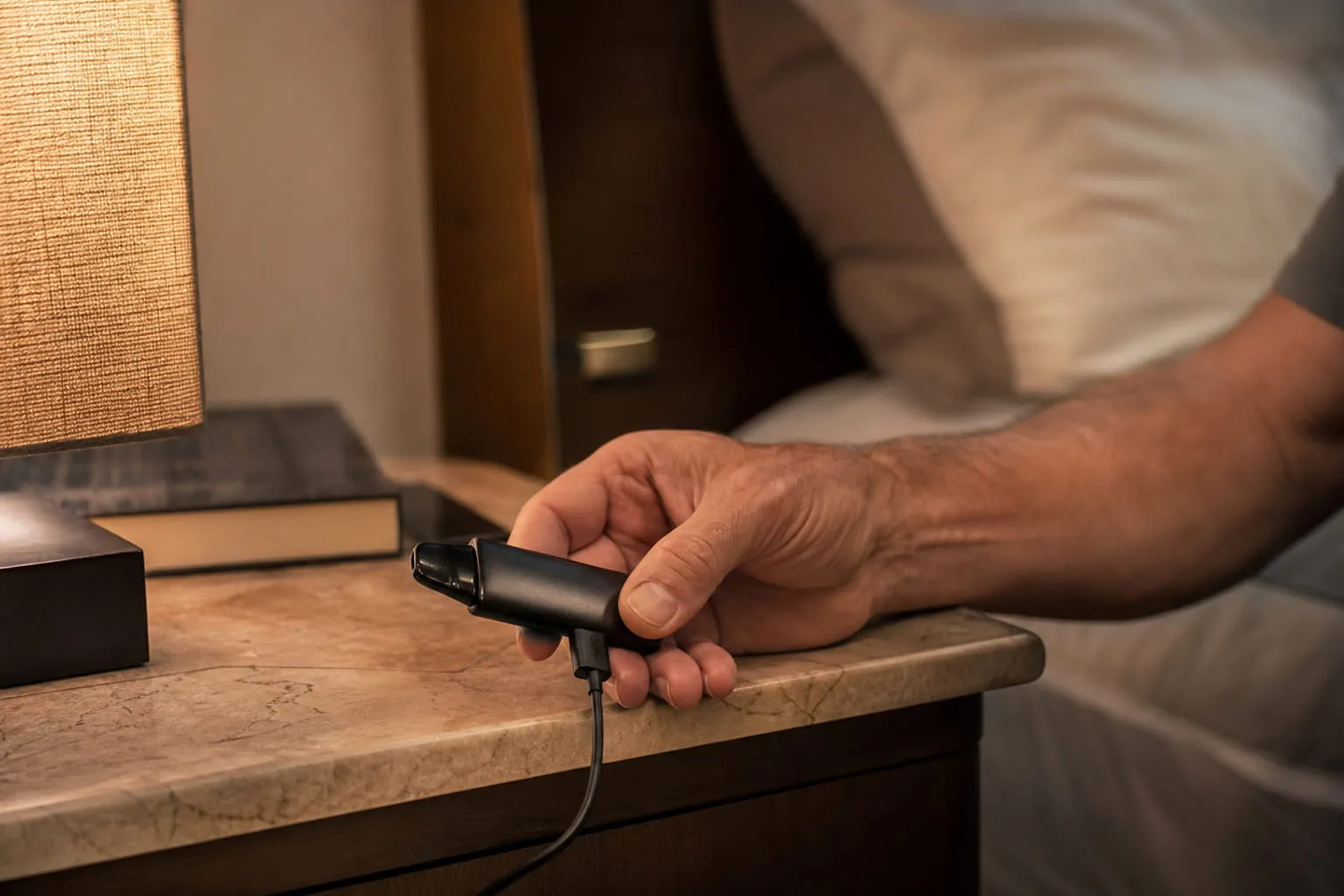 Cigarette électronique branchée en charge sur une table de chevet le soir