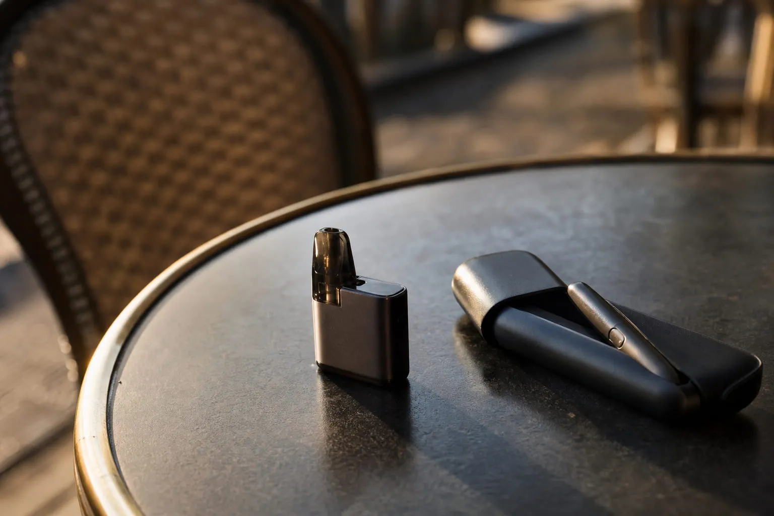 Cigarette électronique et appareil de tabac chauffé posés sur une table de bistrot