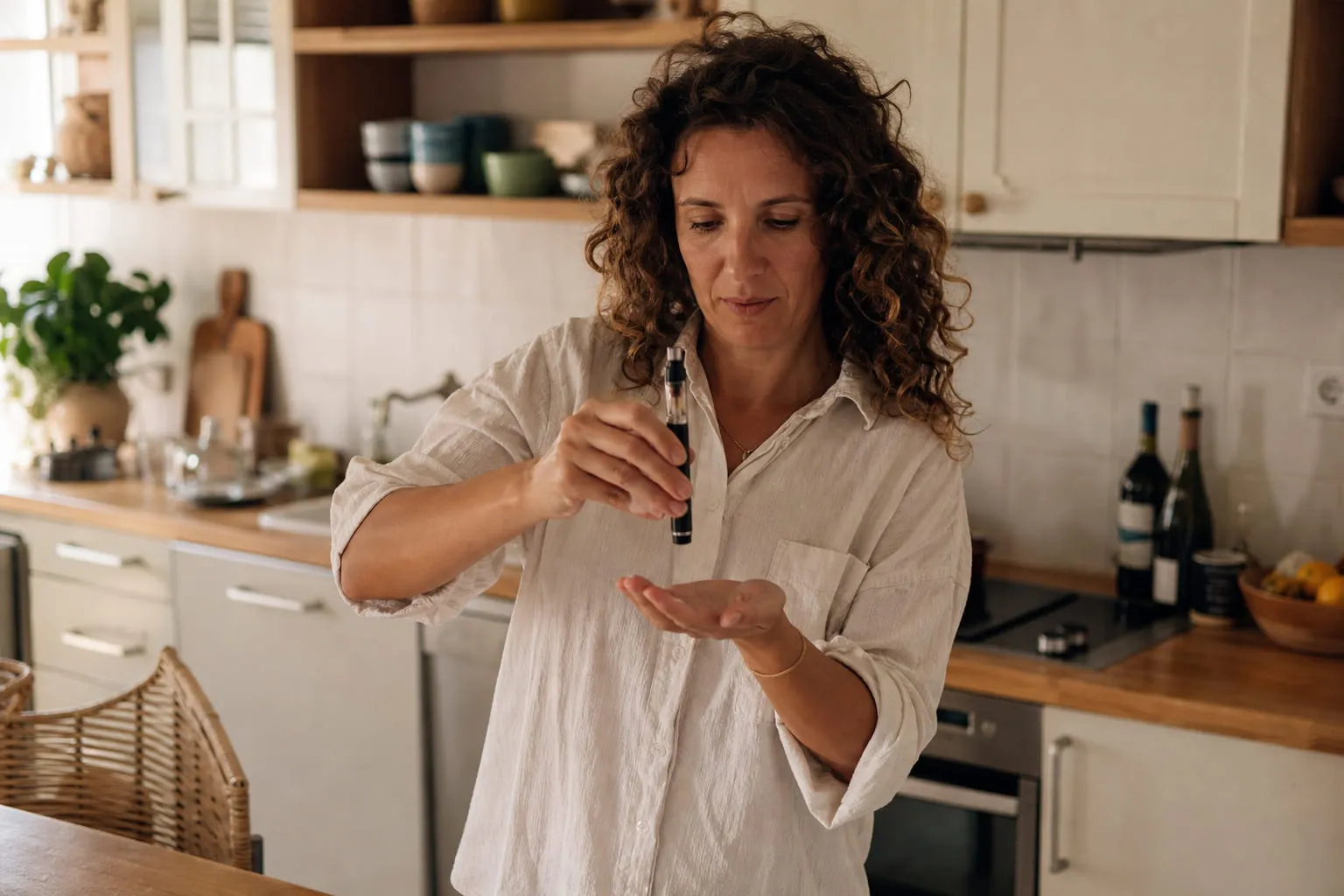 Femme tapotant le réservoir de sa cigarette électronique dans une cuisine lumineuse