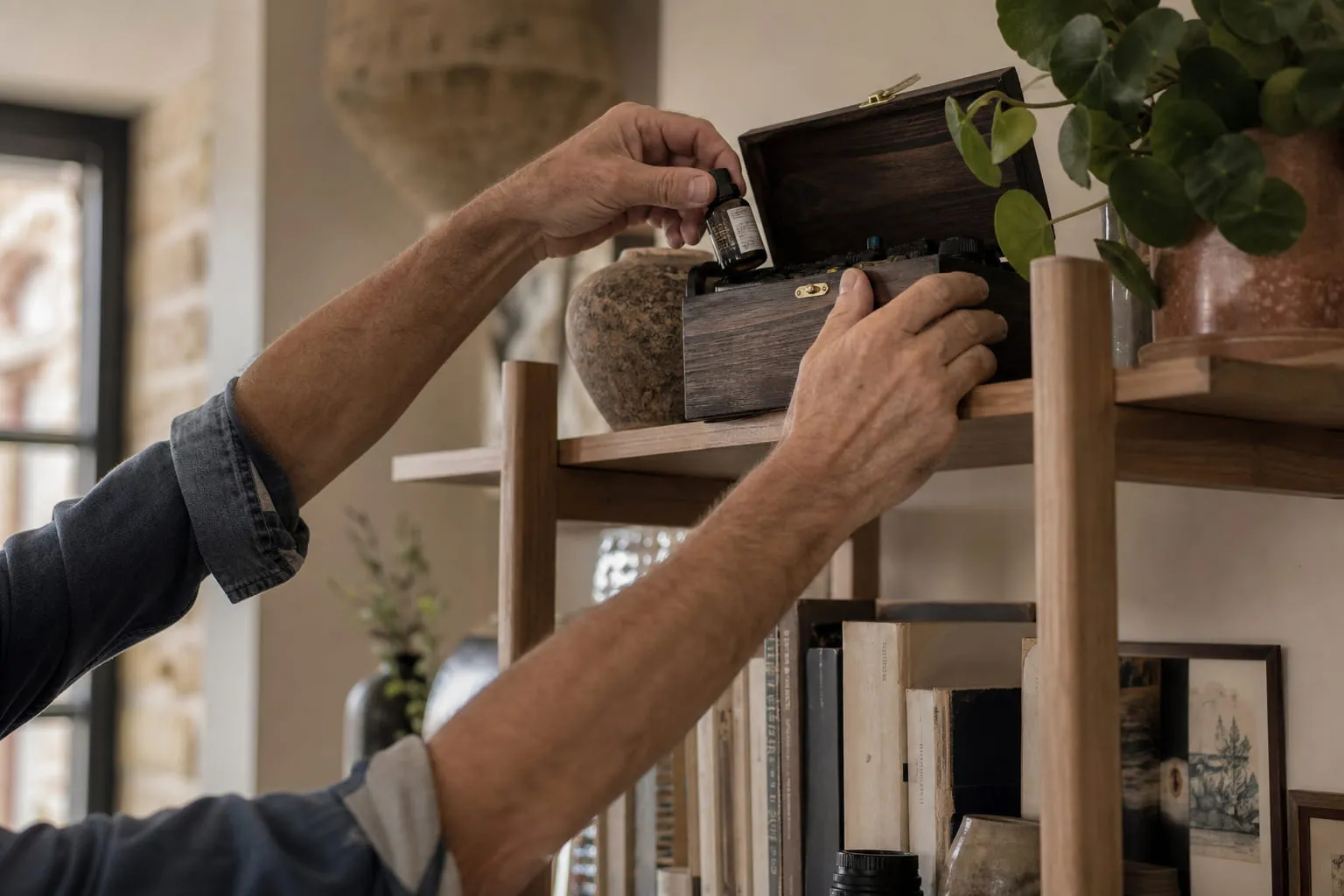 Mains rangeant des flacons d'e-liquide dans une boîte en bois sur une étagère haute