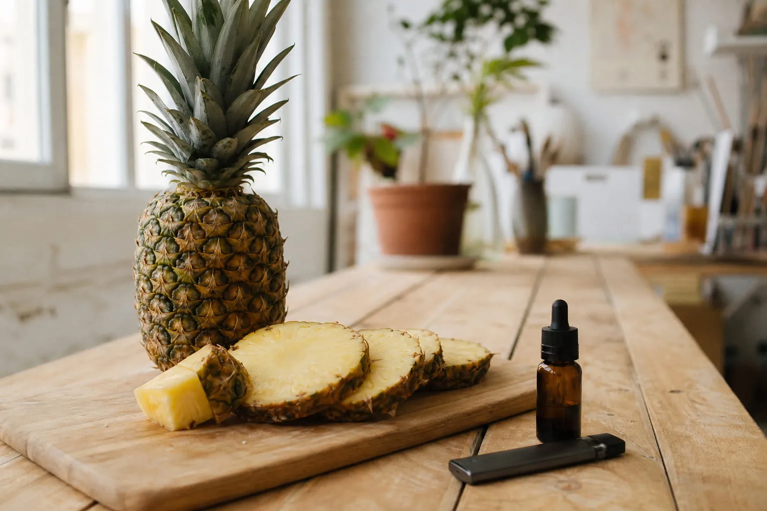 Ananas entier et tranches disposées sur une planche en bois