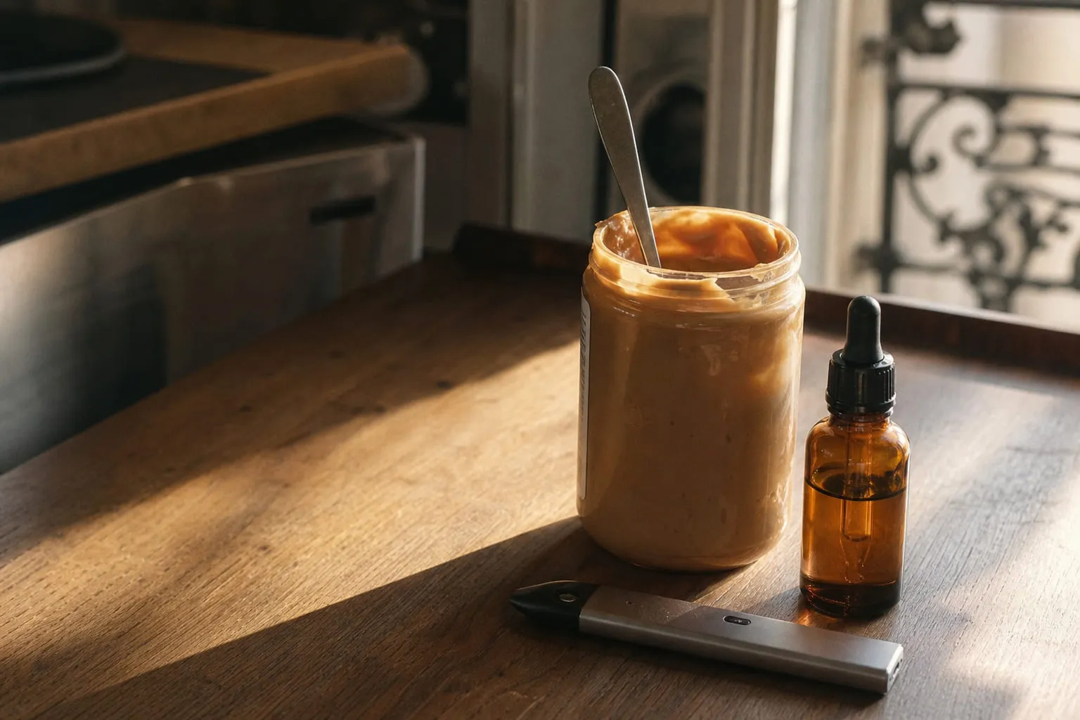 Pot de beurre de cacahuète ouvert avec une cuillère posée à côté