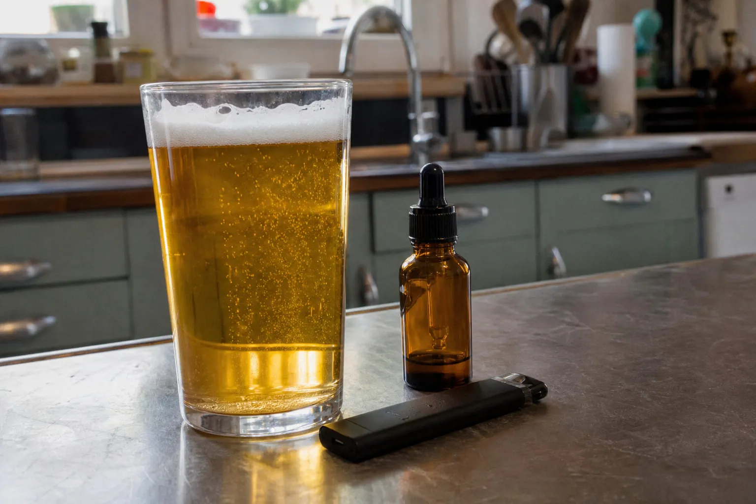 Verre de bière blonde avec son col de mousse sur un comptoir en zinc
