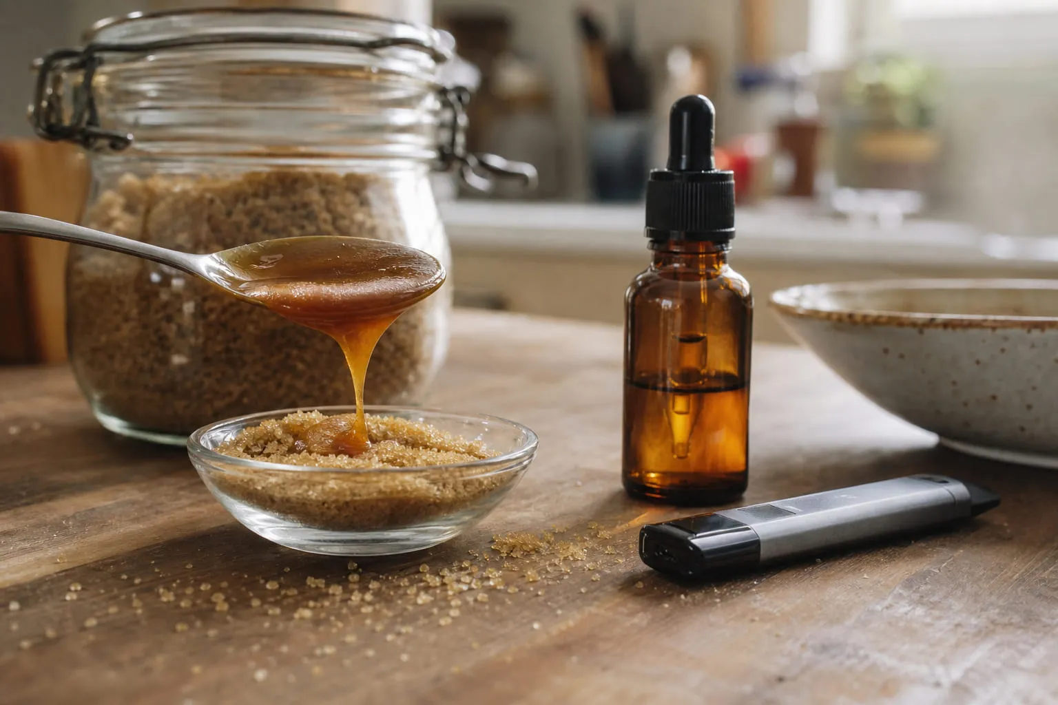 Caramel coulant dans une cuillère avec du sucre roux autour