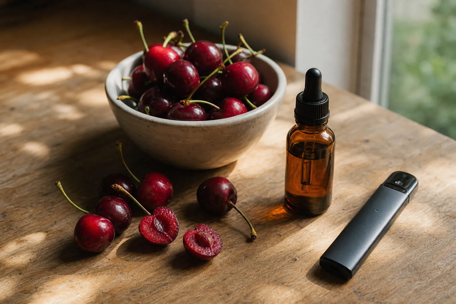 Cerises fraîches avec leurs queues à côté d'un flacon de e-liquide
