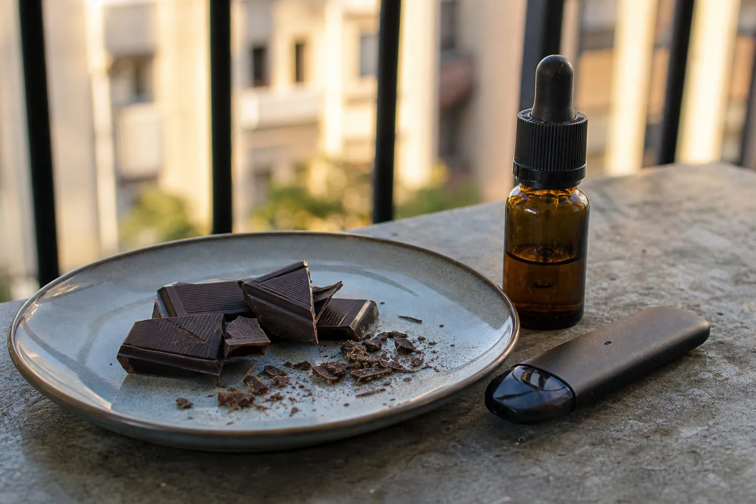 Carrés de chocolat noir cassés et copeaux sur du papier kraft