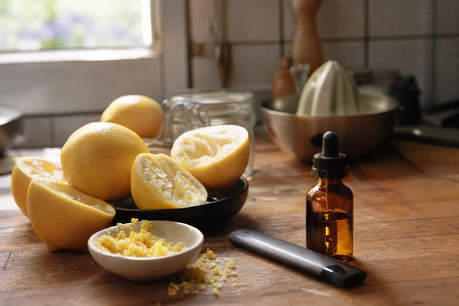 Citrons jaunes entiers et coupés avec des zestes râpés sur un plan de travail