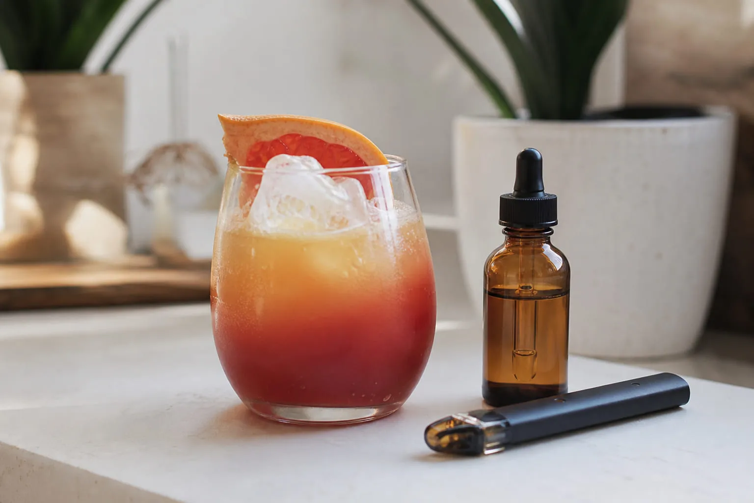Cocktail coloré avec glaçons et quartier d'agrume sur un comptoir