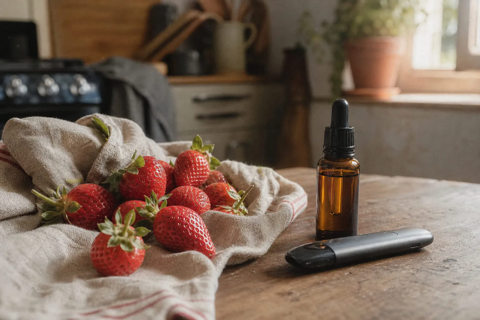 Fraises fraîches posées sur un torchon en lin à côté d'un flacon de e-liquide