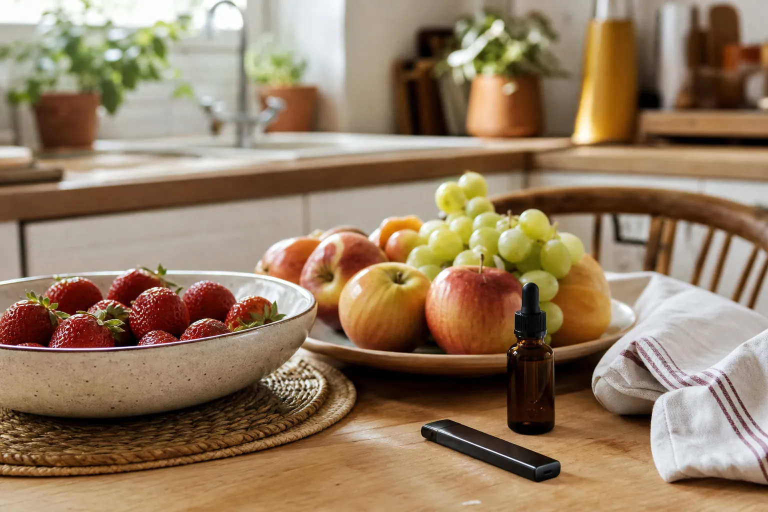 Assortiment de fruits frais de saison posés près d'un flacon de e-liquide