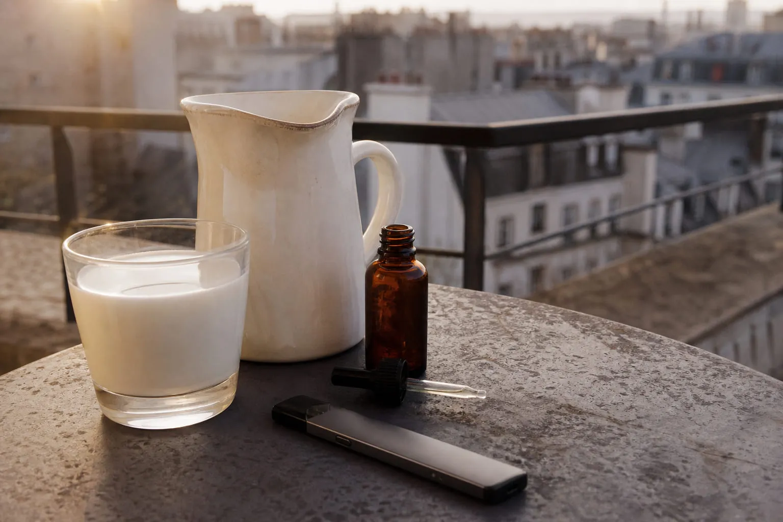 Verre de lait entier et pichet en céramique sur une table