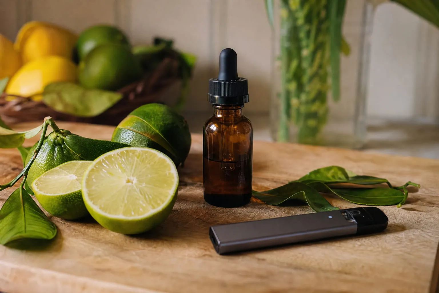 Citrons verts coupés en deux avec des feuilles fraîches