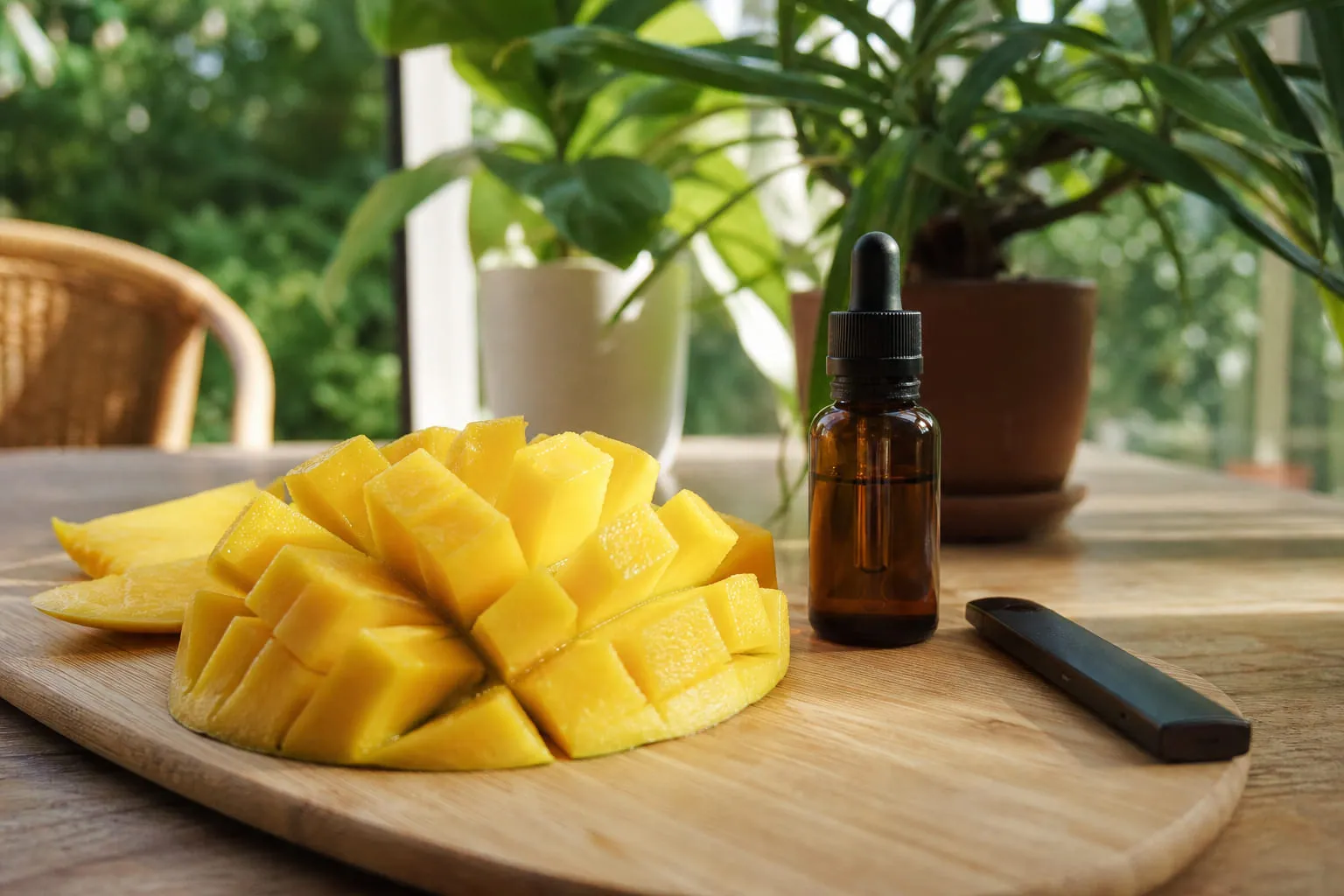 Mangue coupée en cubes sur une planche en bois près d'un flacon de e-liquide