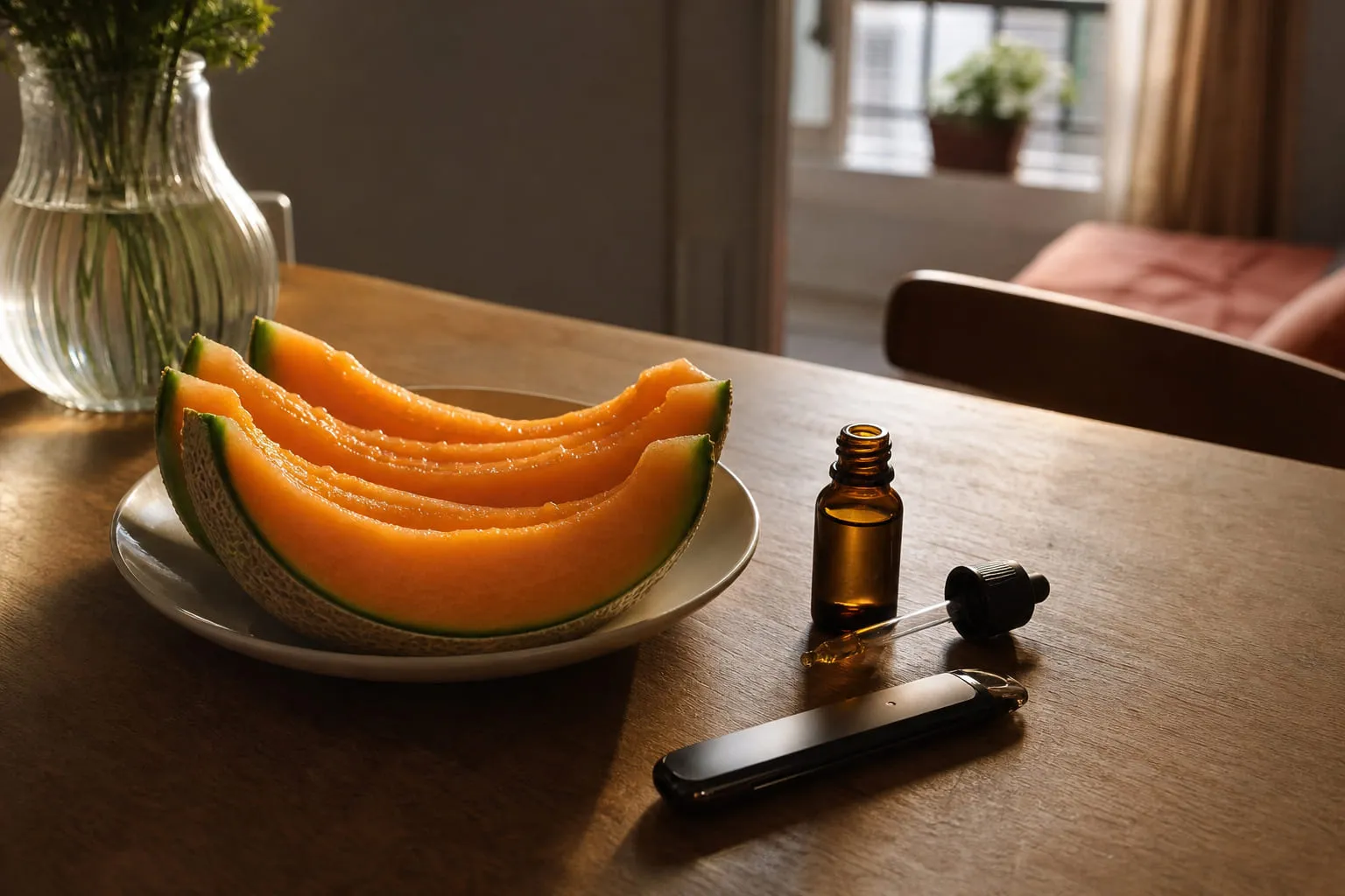 Melon charentais coupé en tranches posé sur une table en bois