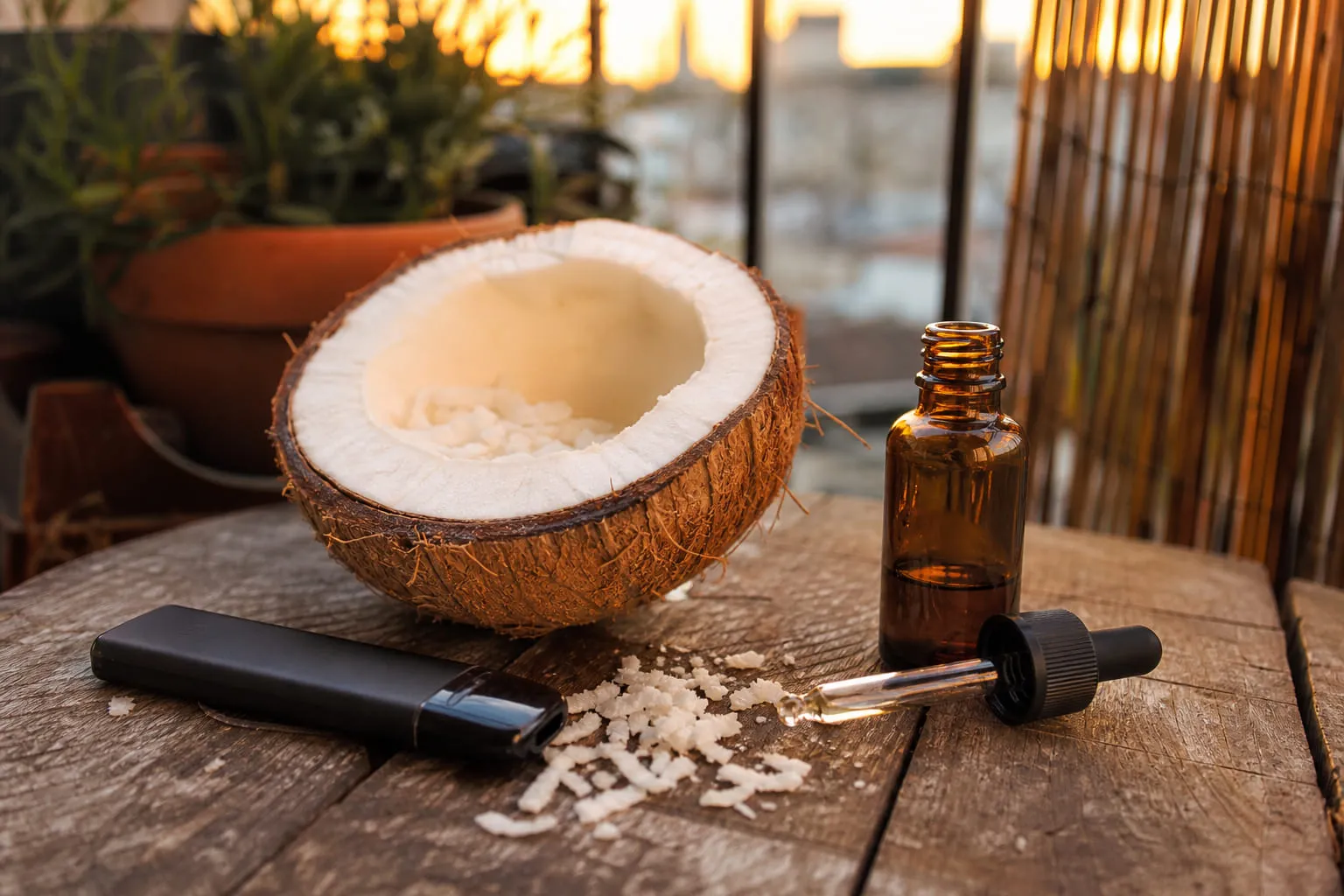 Noix de coco ouverte avec sa chair blanche et des copeaux