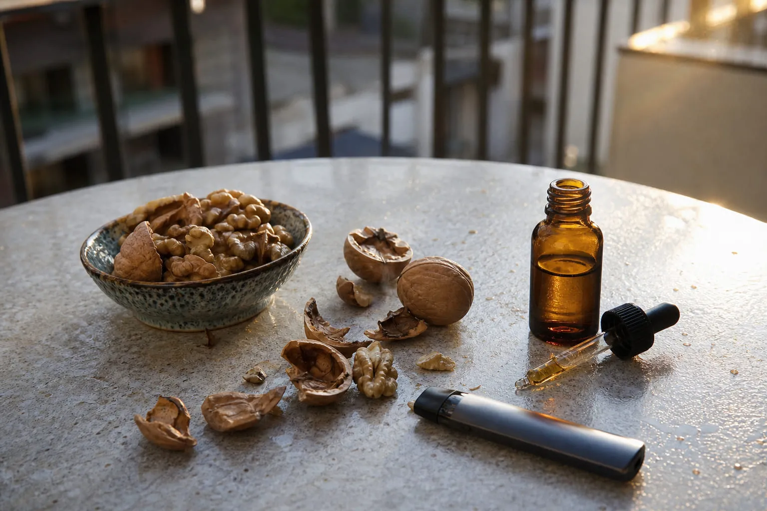 Cerneaux de noix et coquilles cassées posés sur une table en bois