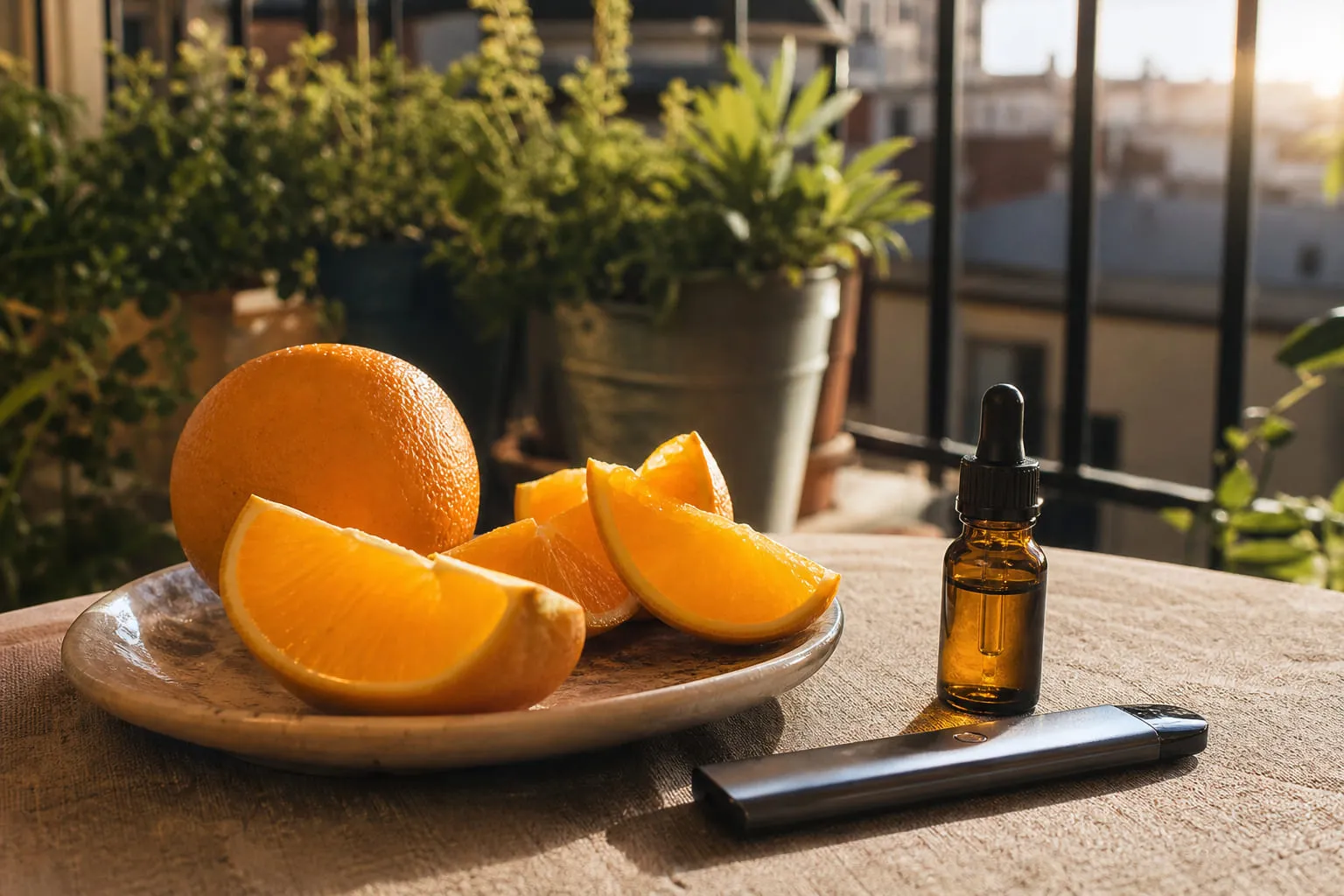 Oranges entières et quartiers juteux posés sur une table claire