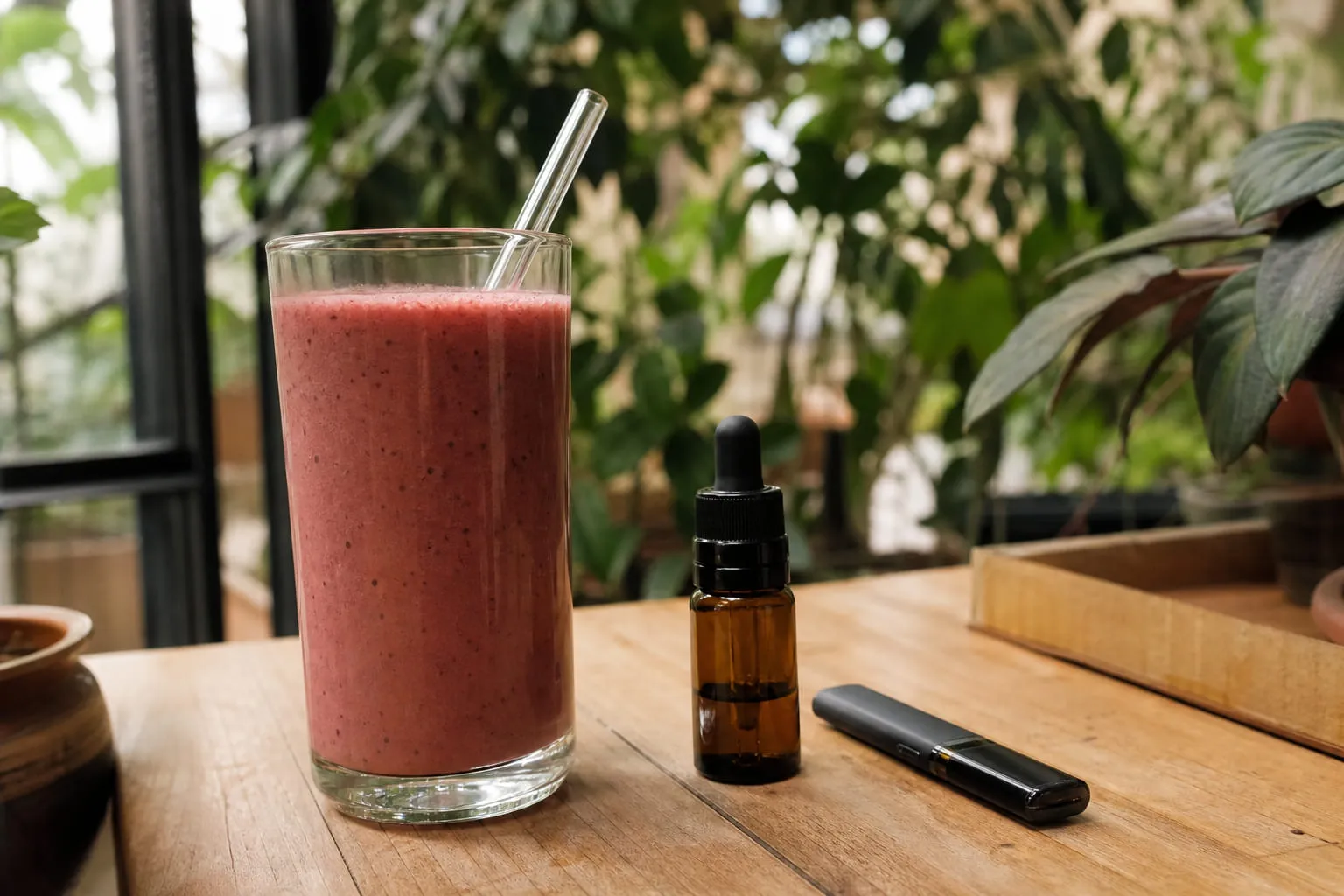 Smoothie rose dans un grand verre avec une paille