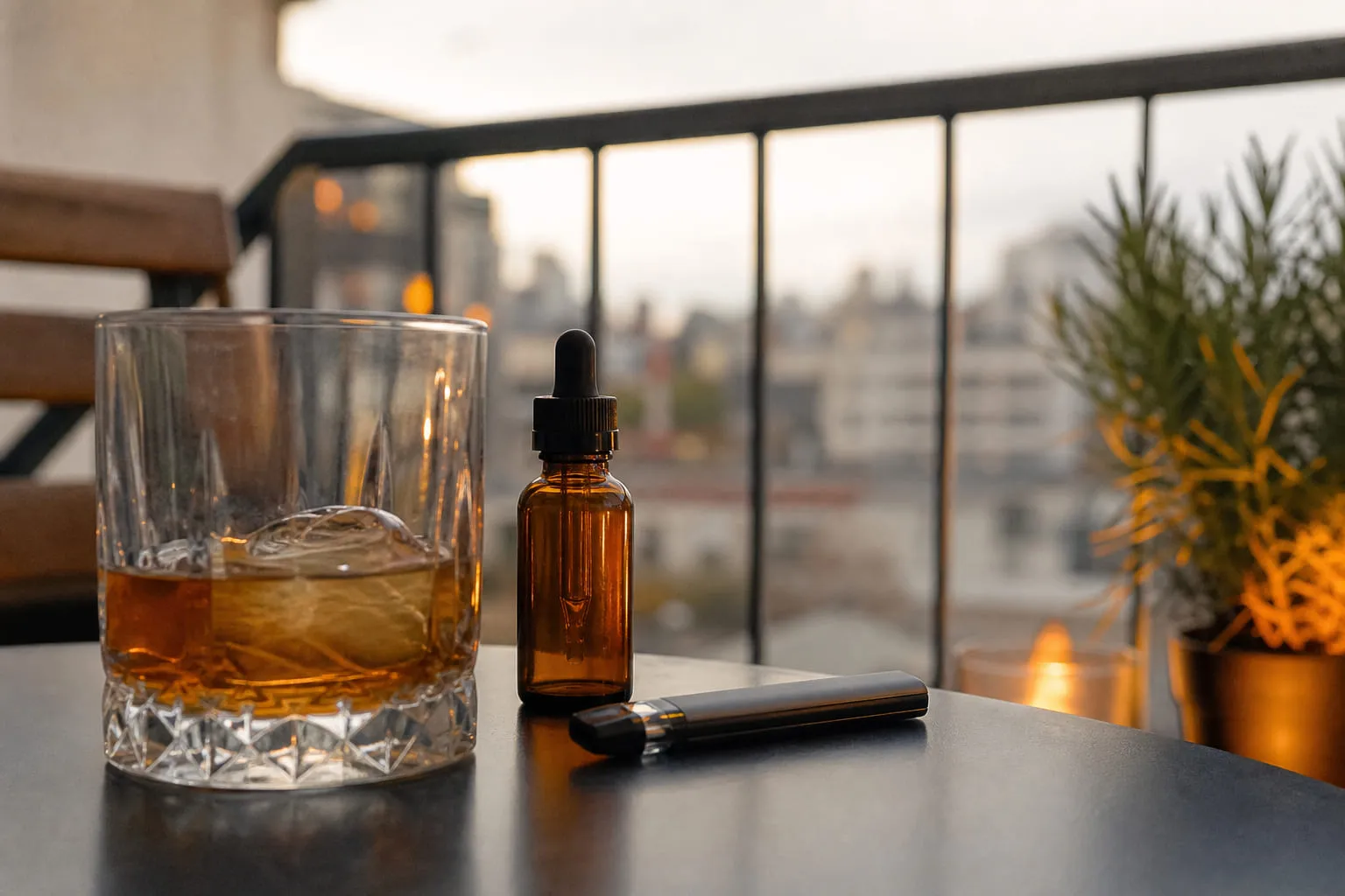 Verre à whisky avec un glaçon dans une lumière ambrée
