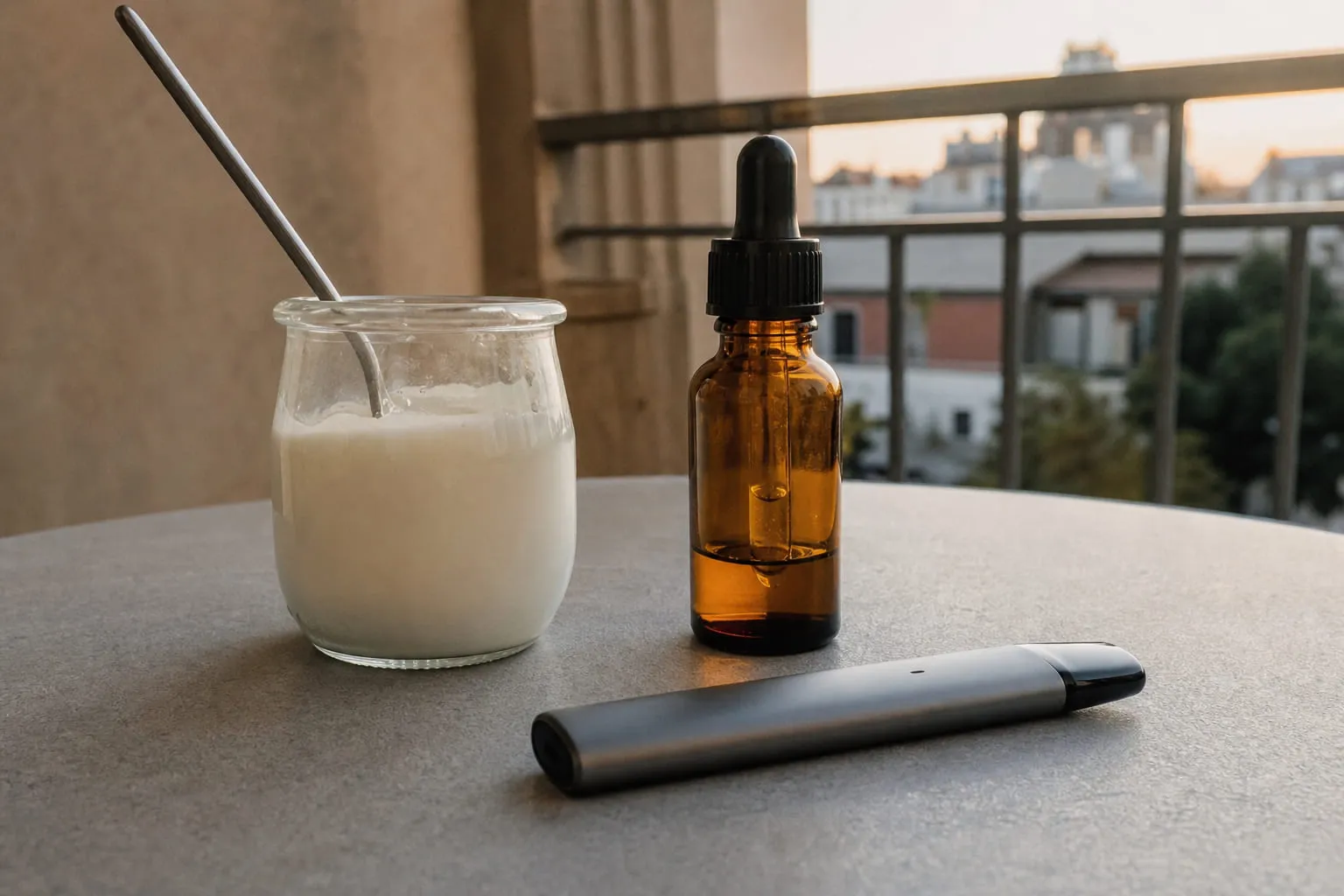 Yaourt nature dans un pot en verre avec une cuillère