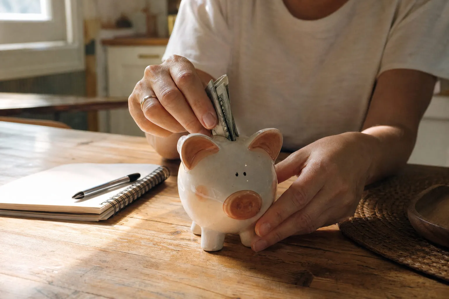 Mains glissant des billets dans une tirelire en céramique sur une table de cuisine
