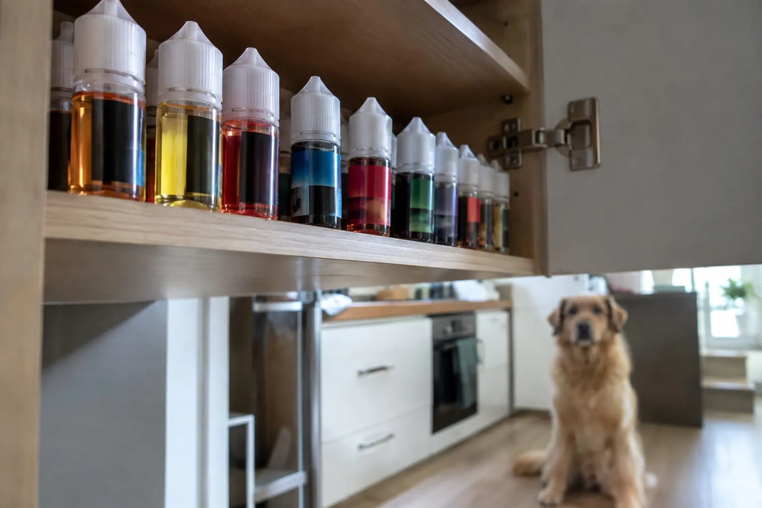 Flacons d'e-liquide à bouchon de sécurité rangés en hauteur dans un placard de cuisine, un chien assis en arrière-plan