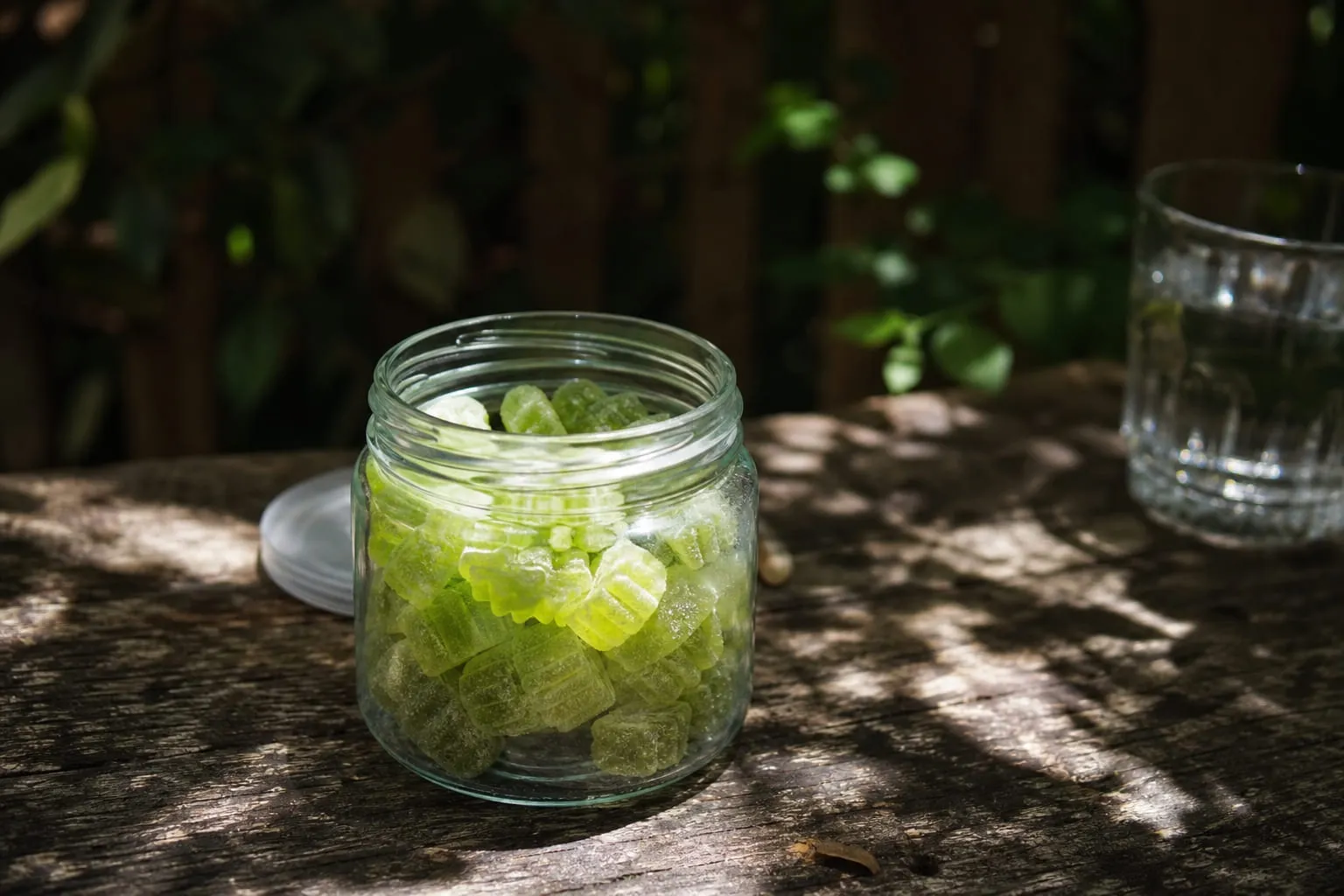 Des gommes gélifiées vertes dans un bocal en verre ouvert