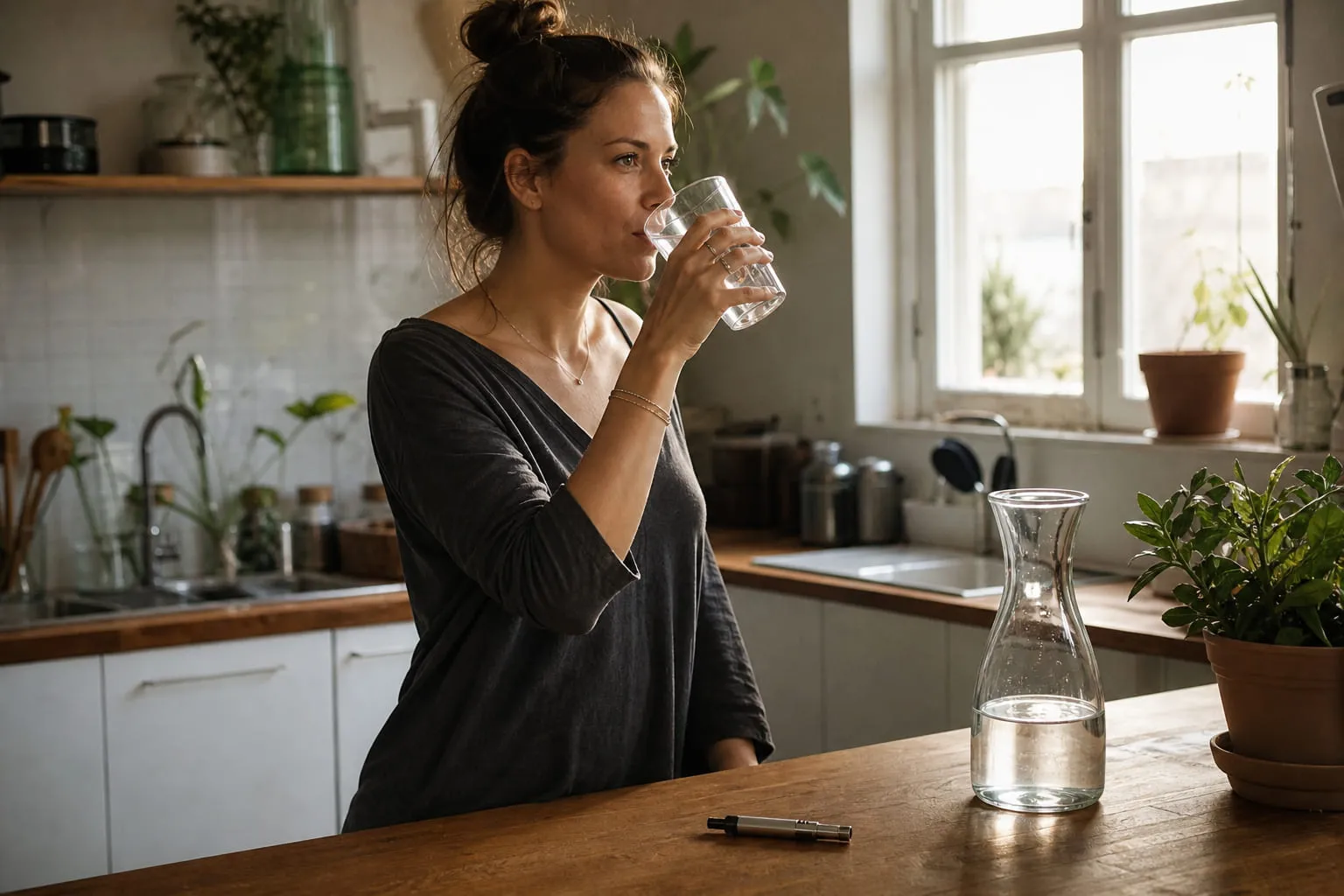 Femme buvant un verre d'eau, cigarette électronique posée à côté d'une carafe