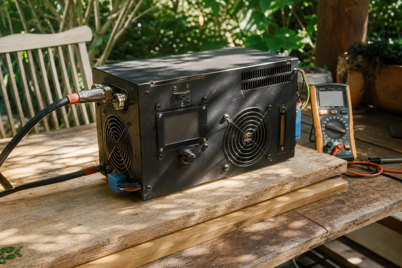 Une box puissante posée sur un établi avec un multimètre à côté