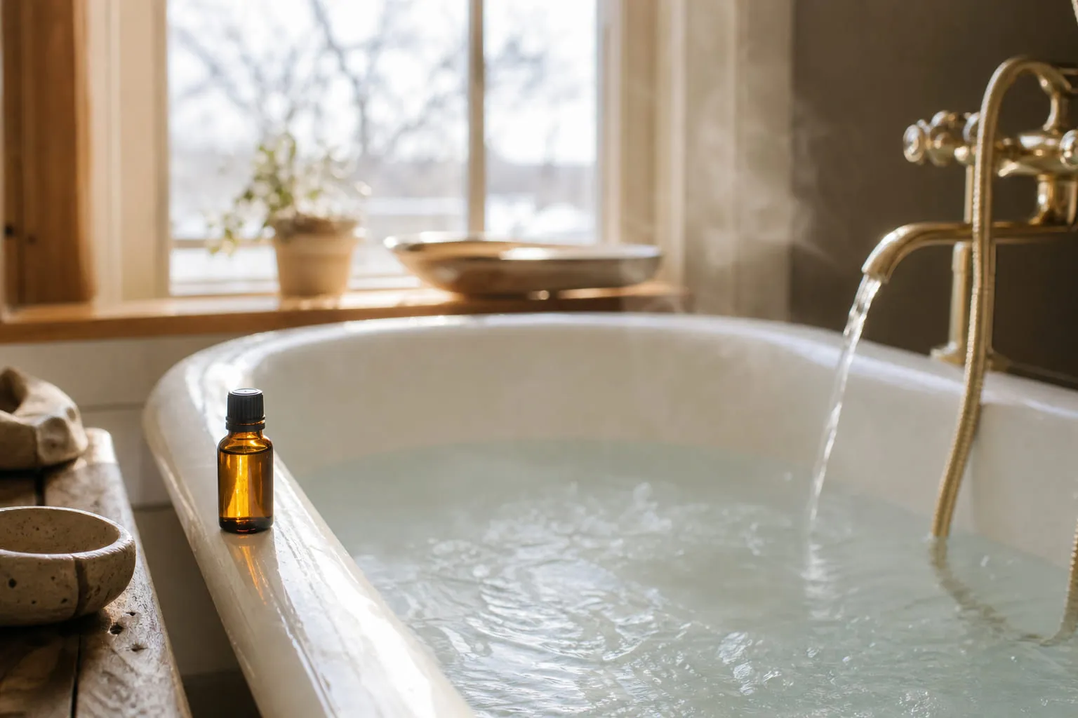 Une baignoire remplie avec un flacon d'huile posé sur le rebord, lumière douce