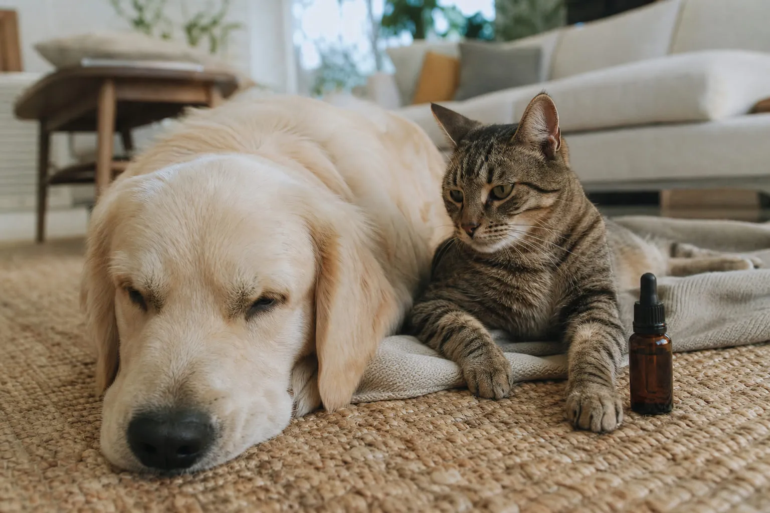 Un chien et un chat côte à côte sur un tapis de salon