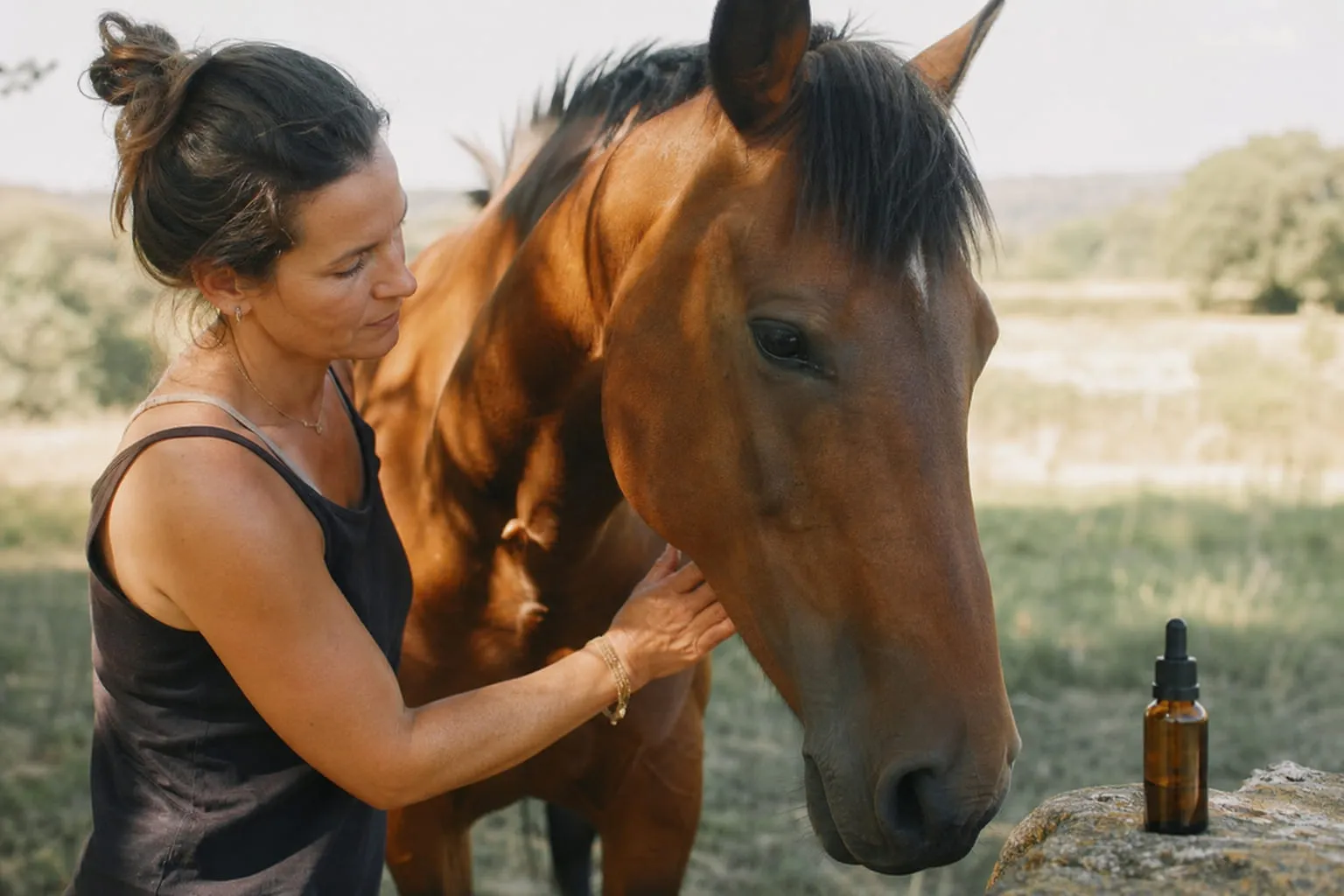 Un cheval bai dans un pré, une femme lui caressant l'encolure