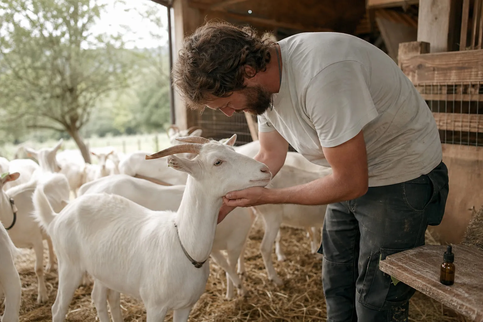 Des chèvres blanches dans un enclos de ferme, avec un éleveur près d'elles