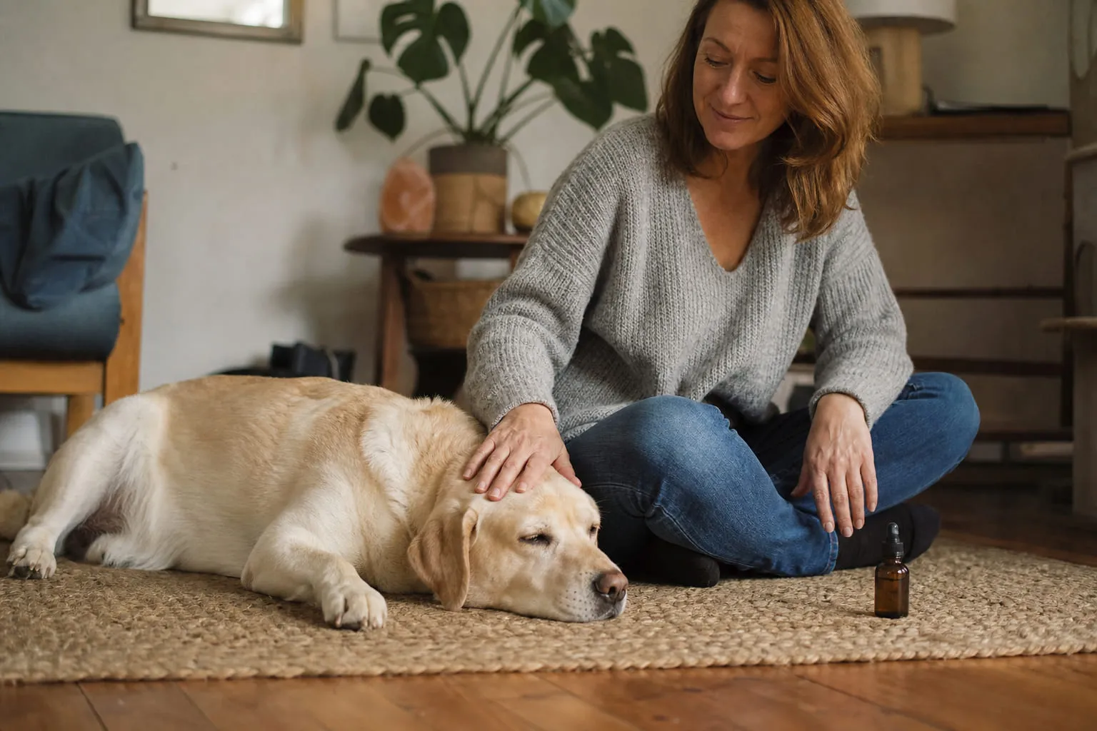 Un labrador beige couché sur un tapis, sa maîtresse assise à côté