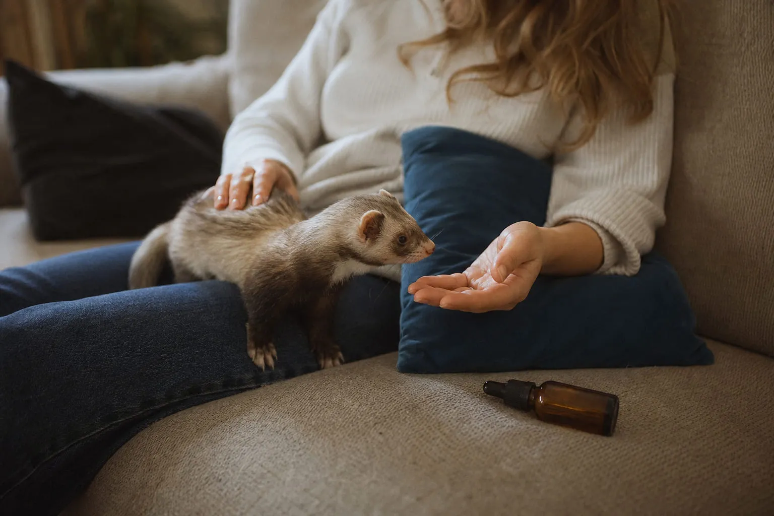 Un furet curieux sur un canapé, sa propriétaire assise à côté