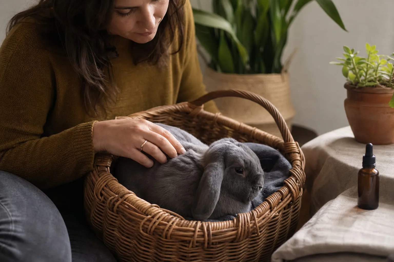 Un lapin bélier gris dans un panier en osier, caressé par sa propriétaire