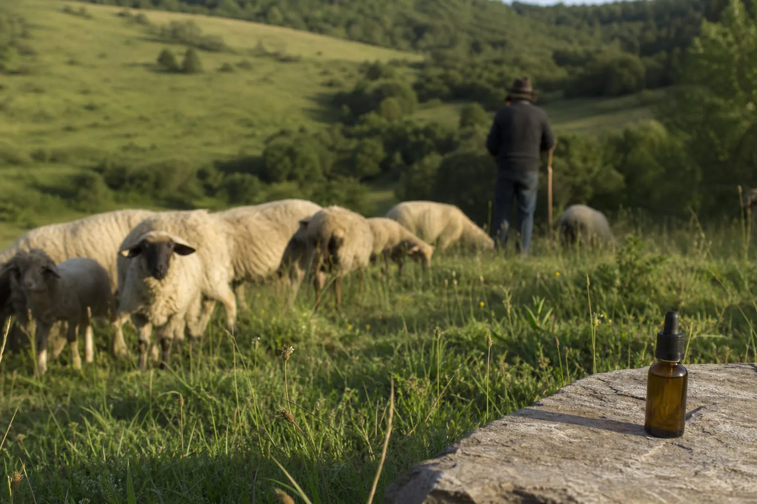 Des moutons dans un pré vallonné, un berger en arrière-plan
