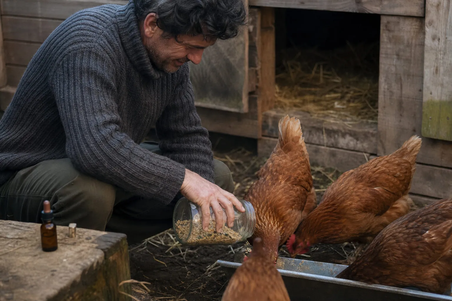 Des poules rousses dans un poulailler de jardin, nourries par un éleveur