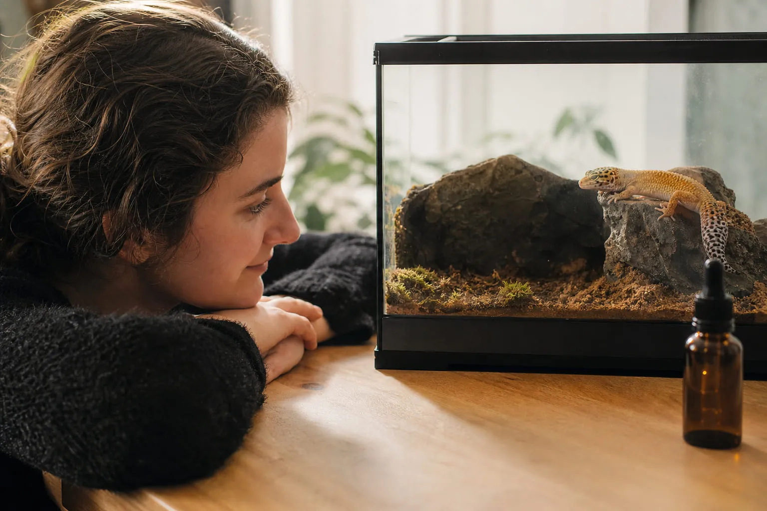 Un gecko léopard dans un terrarium, observé par son propriétaire