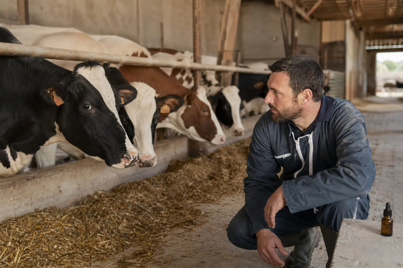 Des vaches laitières dans une étable propre, observées par un éleveur