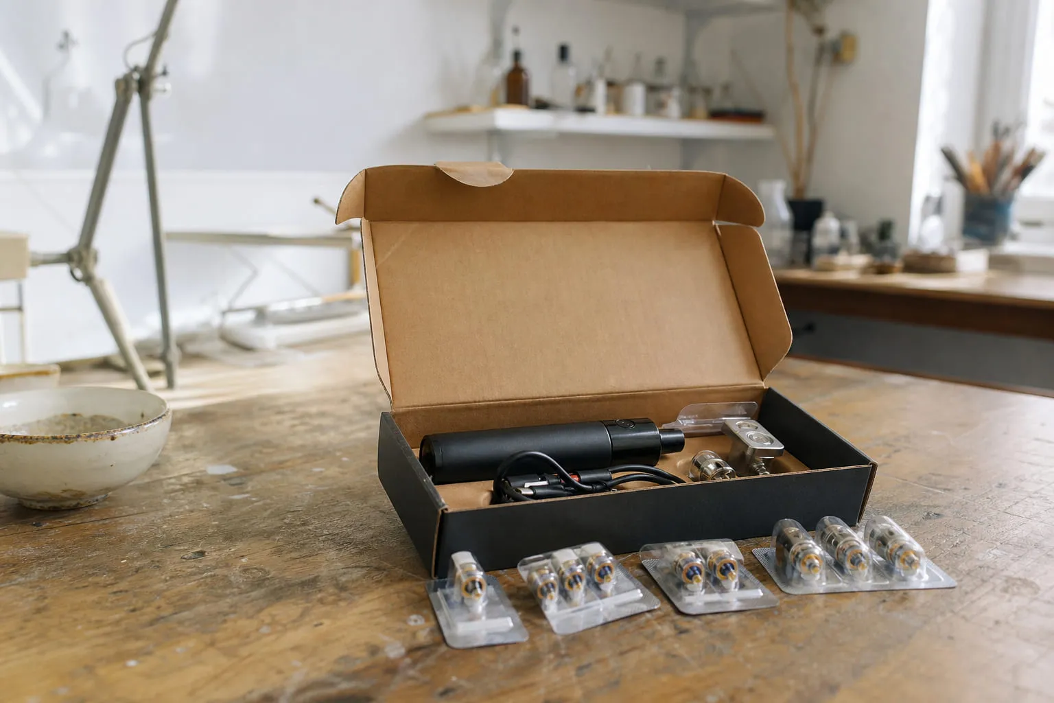 Un kit de démarrage dans sa boîte ouverte, appareil et résistances