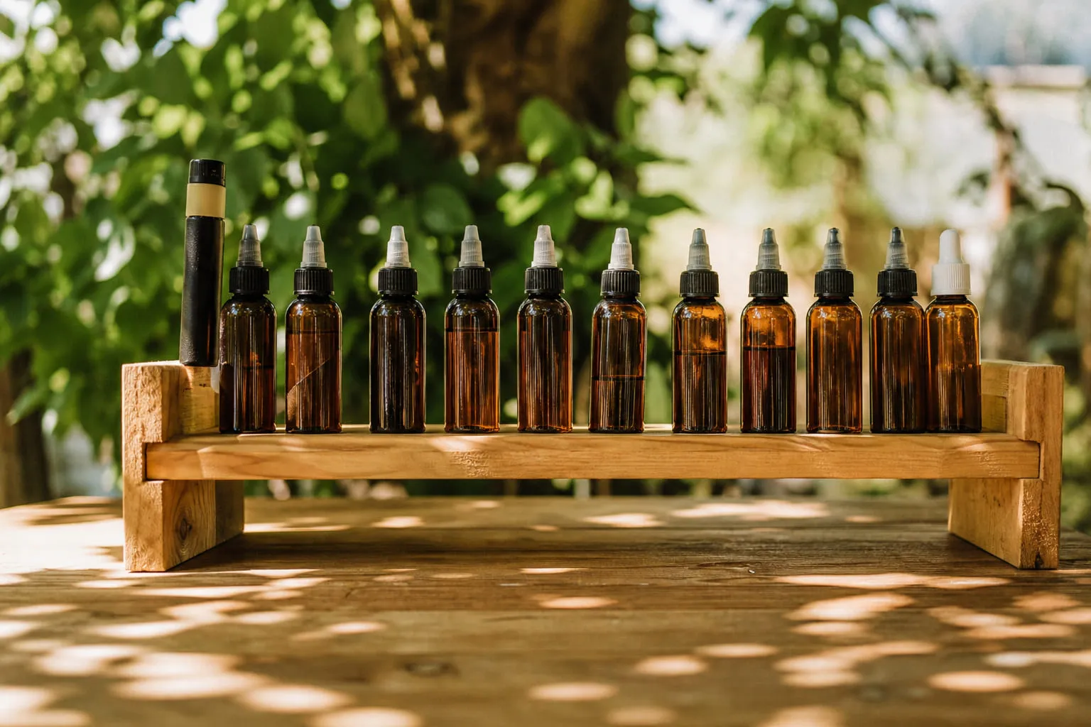 Plusieurs flacons en verre ambré de e-liquide alignés sur une étagère en bois