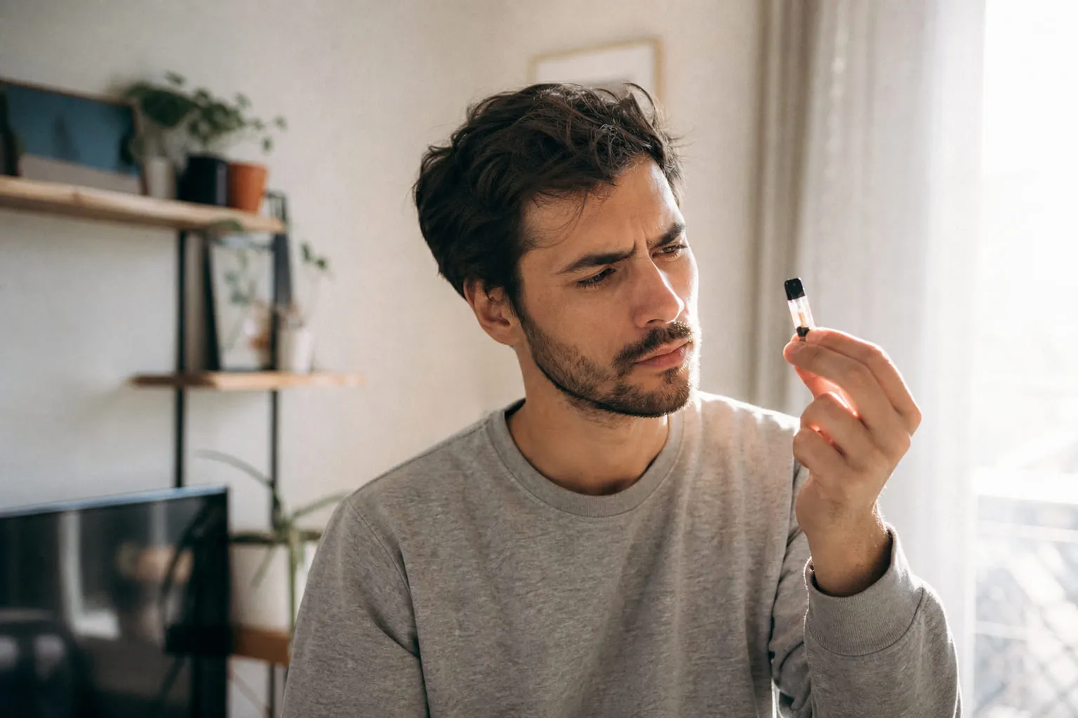 Homme examinant à contre-jour la cartouche de son pod près d'une fenêtre