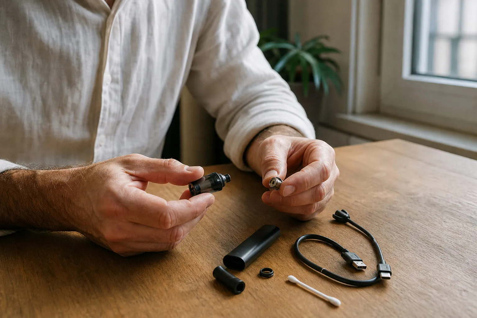 Éléments d'une cigarette électronique démontés sur une table en bois, examinés par un homme