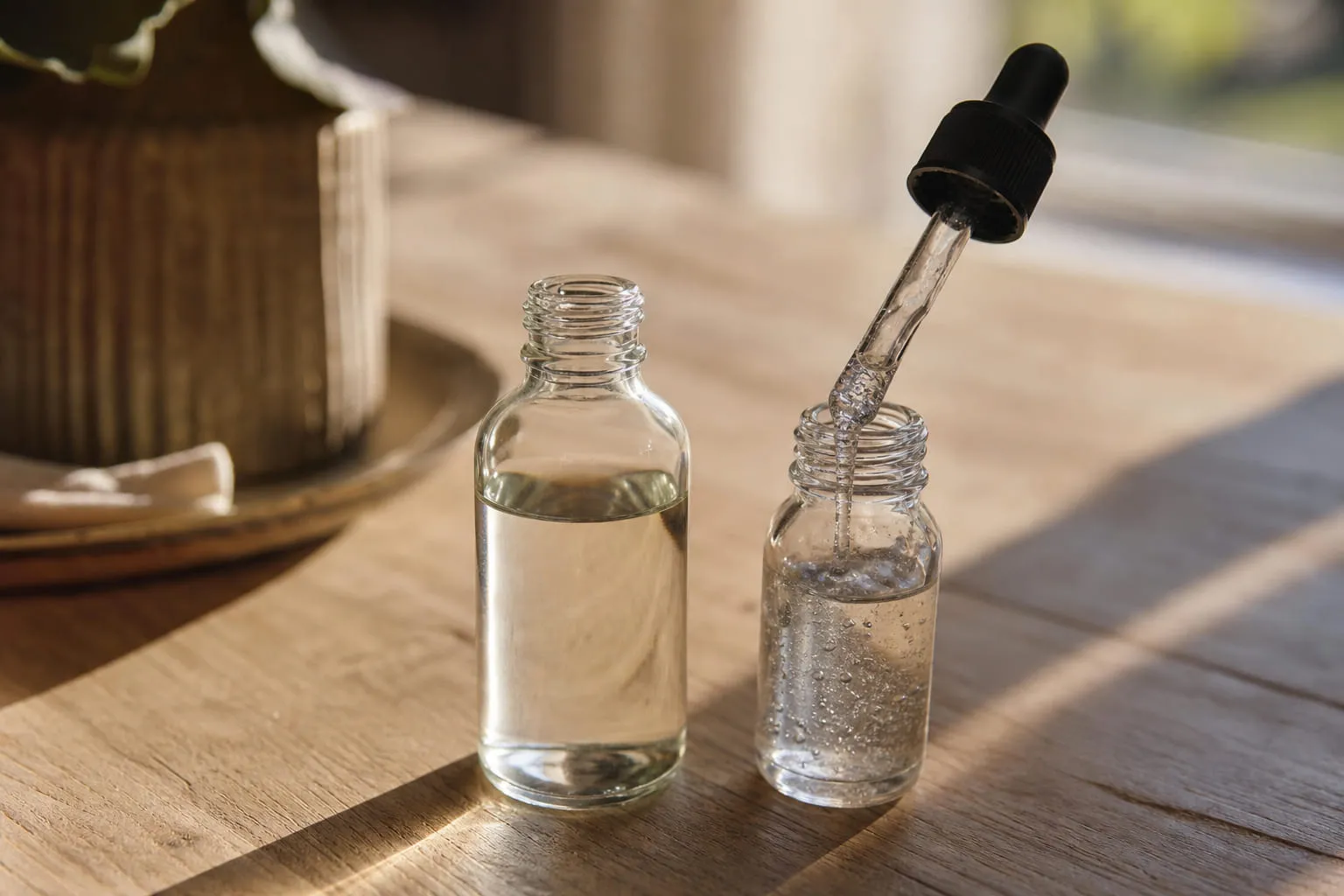 Deux flacons de liquides de viscosité différente, l'un fluide, l'autre épais