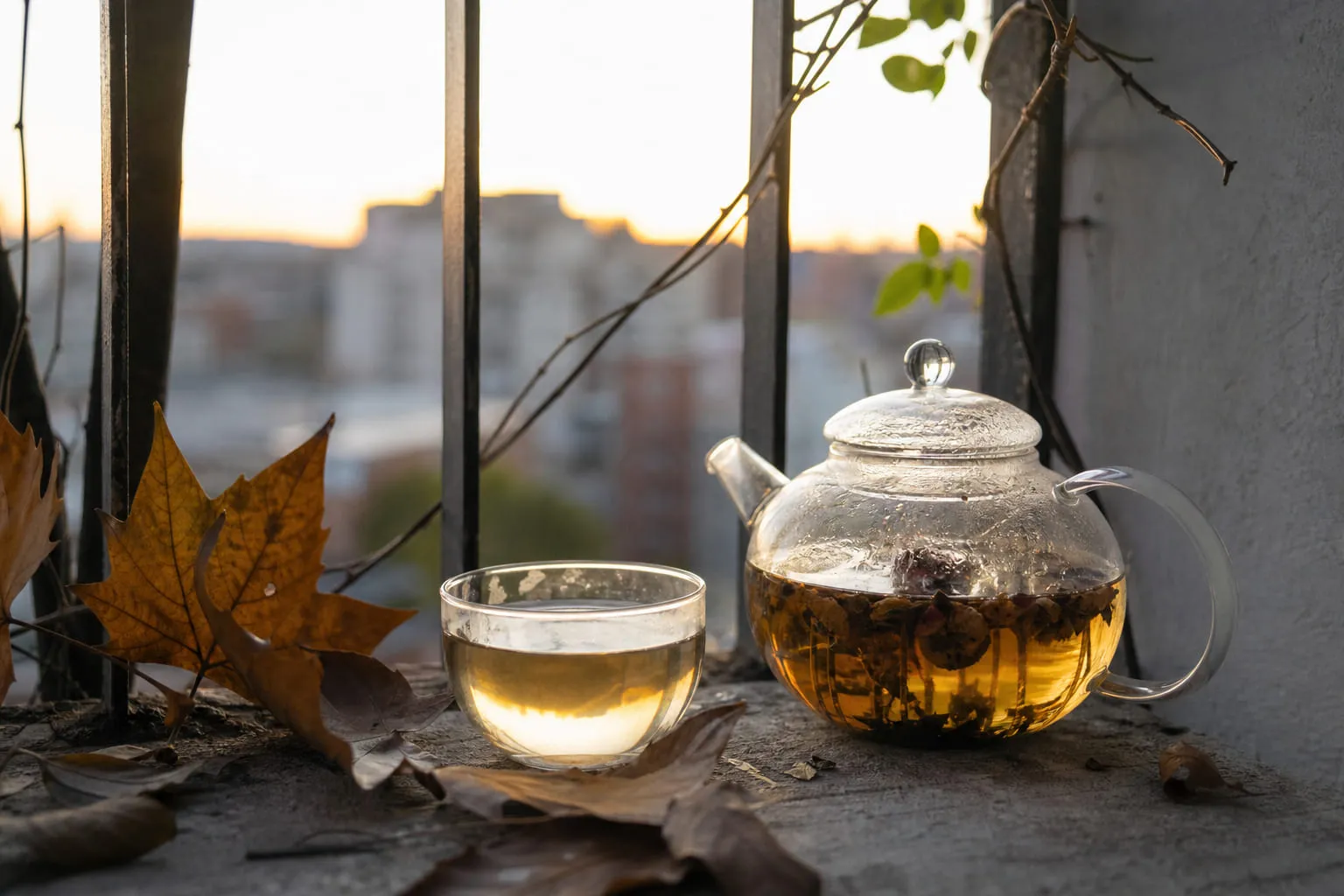 Une théière en verre et une tasse d'infusion dorée, feuilles sèches à côté